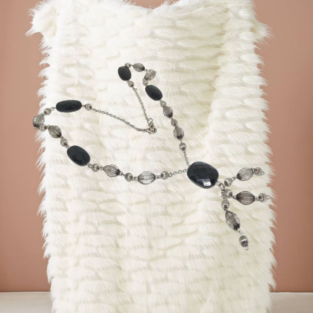 Black Beaded Silver Tassel Necklace